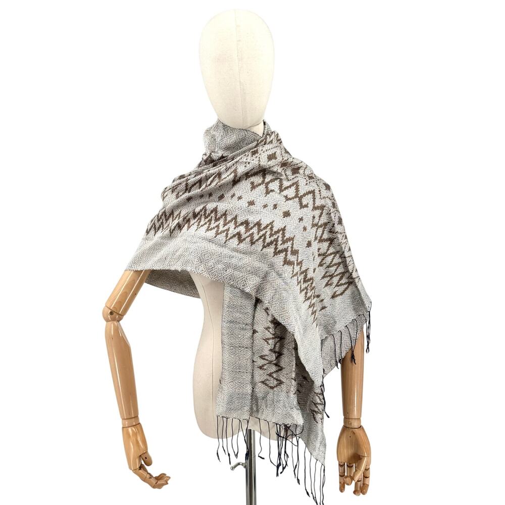 Vintage Y2K Silver Brown 100% Silk Geometric Fringe Scarf Wrap